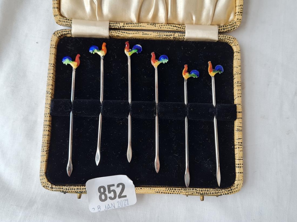 Set of six enamel decorated sterling cocktail sticks in fitted case - Image 2 of 2
