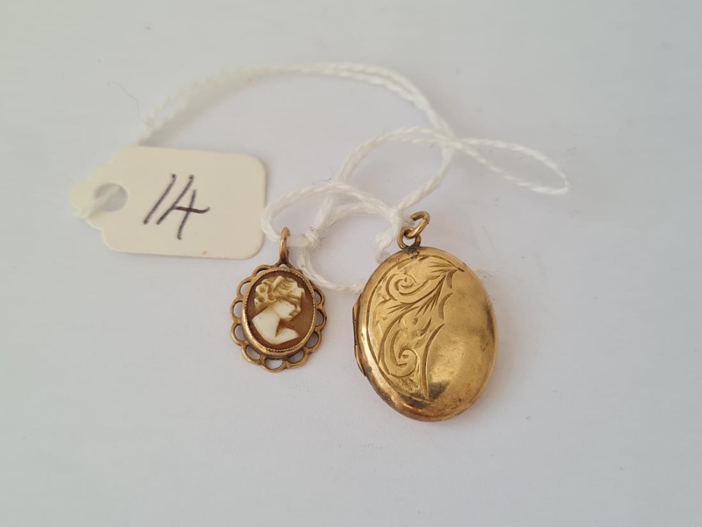 Small oval 9ct back/front locket and a 9ct cameo pendant