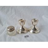 Small pair of candlesticks and an embossed top jar