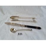 Pair of Exeter sugar tongs. 1814 by G T. Butter knife and salt spoon