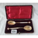 Pair of Victorian silver gilt jam spoons with MOP handles. Fitted case. Sheffield 1888 Martin Hall &