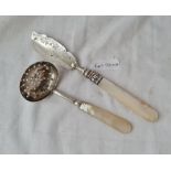 Victorian butter knife and a similar sifter spoon with MOP handles.