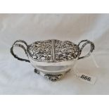 Good quality pierced pot pourie bowl with double hinged top and glass body. 6in over handles. London