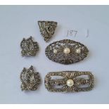 Five silver 7 marcasite brooches