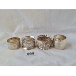 Four various napkin rings, one Chester 1894 . 98gms