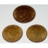 Halfpennies 1929, 1930 and a penny 1936 - good lustre - unc