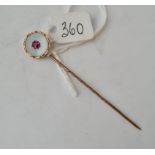 A Victorian Chalcedony& gem set topped stick pin set in gold (unmarked)