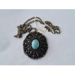 A 900 standard silver & blue stone brooch / pendant on chain