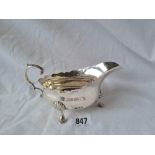 Oval sauce boat on three cabriole legs. 6.5in. London 142gms.