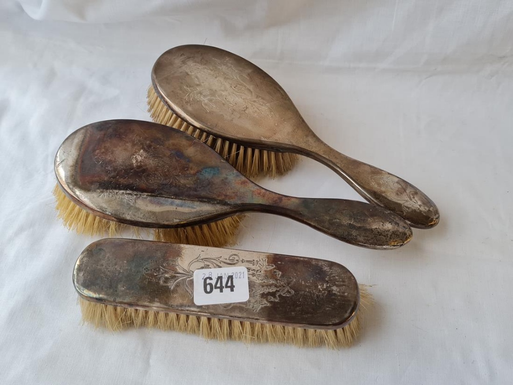 Pair of hand brushes and a clothes brush (some unmarked)