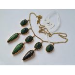 A SCARAB NECKLACE WITH EIGHT SCARAB DROPS IN 15ct gold 14.8g inc