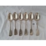 Six Victorian fiddle pattern dessert spoons two 1837 the other four 1845 by H L & I L ,H L