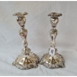 Pair Victorian EP candlesticks decorated with scrolls 9in high