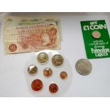 Threee £1 notes, 3 ten shilling notes. Heinz 1983 uncirculatred set plus £1 Palmolive coin