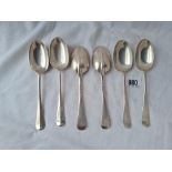 Set of six plain rat tail dessert spoons London 1932. 260gms