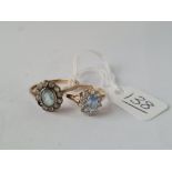 Two aqua & white stone rings in 9ct - size's P.5 & K - 3.9gms