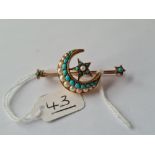 a VICTORIAN TURQUOISE & PEARL SET CRESCENT BROOCH IN 15ct gold - 7.1gms