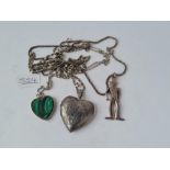 A silver heart locket on chain & two silver pendant necklaces