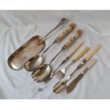 Pair of salad servers with porcelain handles, cheese scoop etc