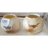 Pair of Royal Worcester posy holders painted with birds on branches. 3 in high