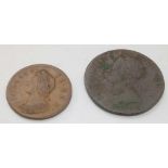 A 1730 farthing and a 1748 halfpenny