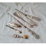 Silver handled button hook, pr glove stretchers etc