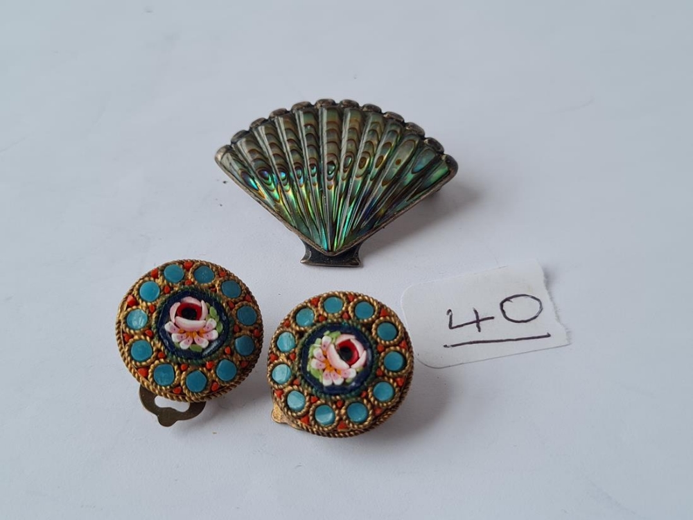 A pair of micro mosaic earrings, silver & abalone brooch