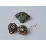 A pair of micro mosaic earrings, silver & abalone brooch
