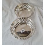 Good pair of heavy circular dishes with pierced sides. 7in diam. Sheffield 1912. 440gms.