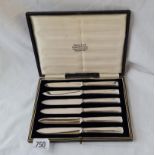 Boxed set of six silver handled tea knives. Sheffield 1928.