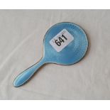 Small hand mirror with blue enamel back Birmingham 1928 by B and C . 5.25 inch long
