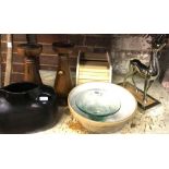 SHELF WITH MIXING BOWL, SMALL BREAD BIN, METAL ANIMAL & A VASE MARKED JOHN ROCKER