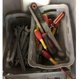 CARTON OF VARIOUS TLS, INCL; BOX OF SPANNERS, SCREW DRIVERS ETC