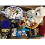 CARTON OF CHINAWARE, SOFT TOY & CHESS PIECES