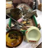 CARTON OF MISC ITEMS, BRASS WARE, JUGS, KNIVES, ASHTRAYS ETC