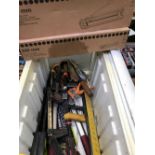 LARGE PLASTIC STORAGE CHEST OF TLS, SAW, TRAWLS, RULERS ETC & 2 BOXED 330 MM MANUAL TILE CUTTER