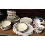 SHELF OF CHINAWARE INCL; PLATES, DISHES & BOWLS & PLATES IN M&S AZTEC PATTERN