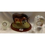 2 GLASS PAPERWEIGHTS INSERTED WITH CLOCK, A BORDER FINE ARTS MODEL OF MARE WITH FOWL