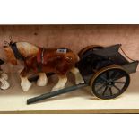 3 CHINA SHIRE HORSES & 2 WOODEN CARTS - LARGEST HORSE 8'' X 10''