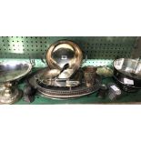 SHELF OF PLATED WARE CONSISTING OF GALLERY TRAYS ETC