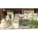 SHELF OF MIXED GLASS & CHINAWARE ETERNAL BOW PATTERN, TEA JAR TRAY COFFEE/TEAPOT PLATES ETC & BOX