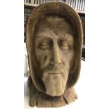 WOODEN BUST OF MALE FIGURE - HOODED 13'' HIGH, SIGNED AT BASE SAYING FIGURE IS THAT OF ST FRANCIS.