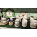 SHELF OF SAUCERS & MUGS, A TILE, PLATE & OTHER ITEMS
