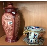 SILVAC VASE & LID DEPICTING PEACOCK & AN IMARI STYLE SMALL BASIN & DISH