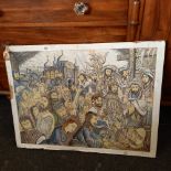 LARGE WATERCOLOUR OF FIGURES ON MOUNTED BOARD 32.5'' X 24''