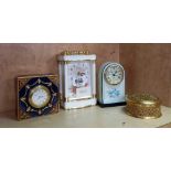 QTY OF 4 CLOCKS, 2 PLASTIC, 2 HEAVY YELLOW COLOURED METAL