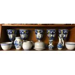 SHELF OF POTTERY POTS, CHINA GOBLETS & DELFT WARE