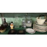 SHELF WITH DECANTER & STOPPER, MATCHING PAIR OF DECANTERS & STOPPERS, CHINA WINDY MILLER, WINDY