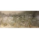 SHELF OF GLASSWARE INCL; VASES, GLASSES, BOWLS ETC