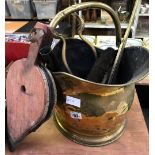 BRASS COAL SCUTTLE WITH BRASS POKER, WOODEN BELLOWS & SHOVEL